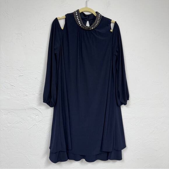 X by Xscape Blue Beaded Collar Formal Mini Dress Women 16 Babydoll Cold Shoulder - Picture 1 of 12